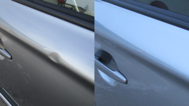 Hyundai Elantra door dent repair before and after at Bailey’s Auto Body
